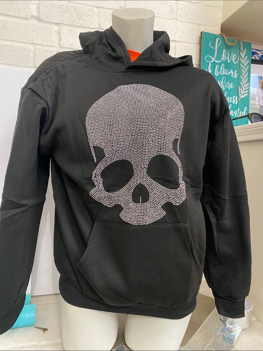 Black Hoodie with Rhinestone Skull Graphic